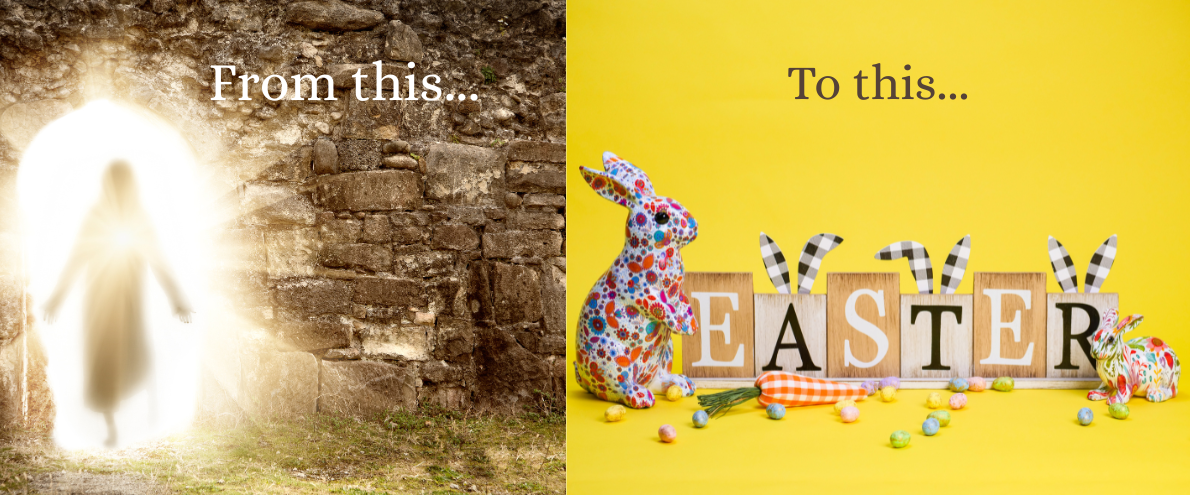 A stark contrast between the spiritual significance of Easter—represented by the image of resurrection and divine light—and the commercialization symbolized by Easter bunnies and colorful eggs.
