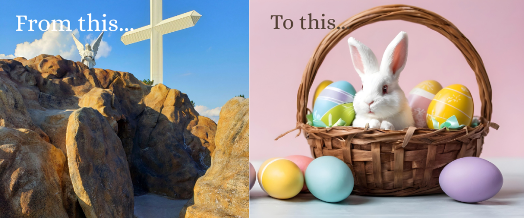 A powerful visual contrast—on the left, the resurrection of Christ, symbolizing spiritual rebirth; on the right, the commercialization of Easter with a basket full of pastel-colored eggs and a bunny.
