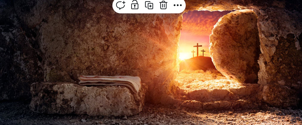 The sacred message of Easter through the empty tomb and crosses, juxtaposed with a festive, candy-filled Easter basket—highlighting the shift from spiritual meaning to commercial celebration."