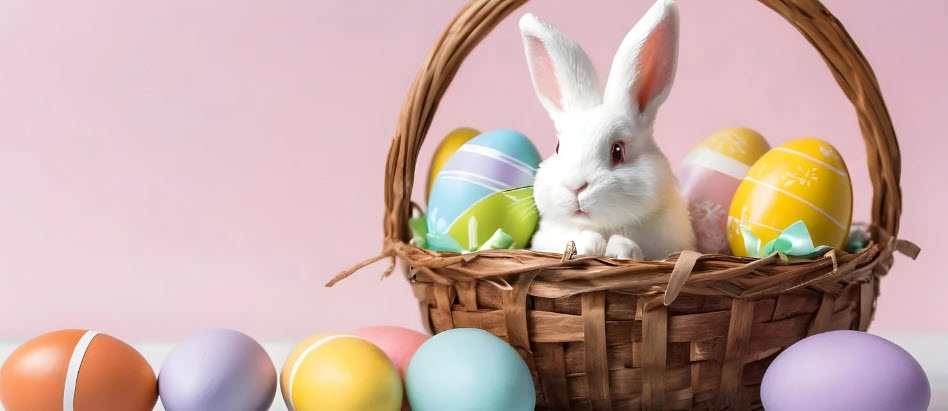 A symbol of Easter’s deeper meaning—empty tombs and the resurrection, contrasted with a playful, consumer-driven Easter image of a rabbit surrounded by colorful eggs.