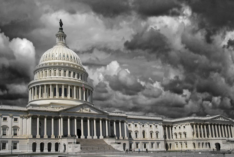 A scene of the Capitol building in the background, dark clouds are over it. Reflecting how government overreach can darken parental rights.