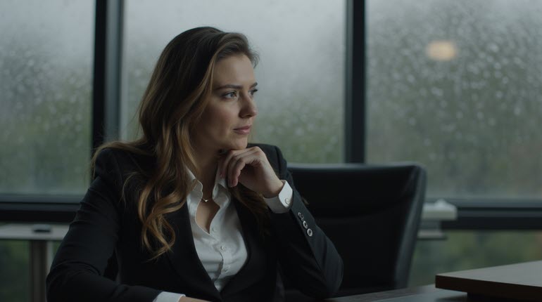 A woman in business attire sits at a desk with her hand resting on her cheek, looking through a rain-streaked window. Her expression is contemplative, slightly weary—caught between duty and desire.