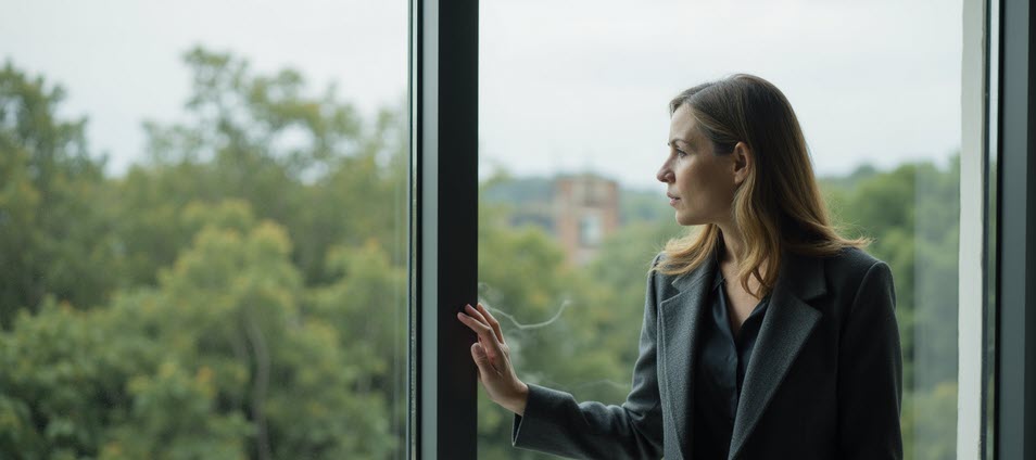 A woman stands quietly by a large office window, her gaze lost in the trees outside, hand resting on the glass—remembering who she was before she began to shrink to fit her role.