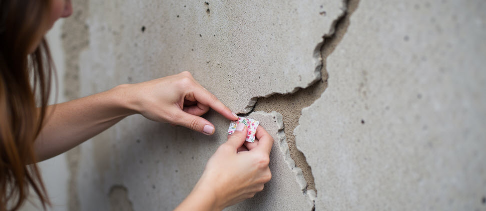 A woman places a decorative bandage over a deep crack in a concrete wall—symbolizing how job crafting can mask deeper misalignment rather than resolve it.