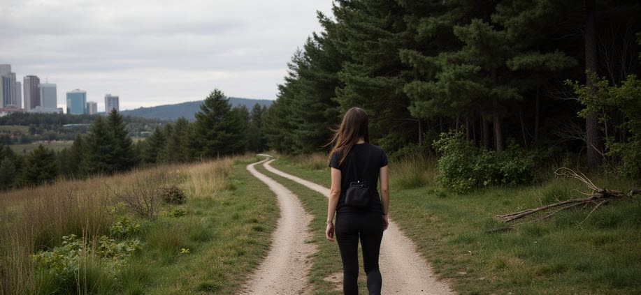 A woman at a fork in the road chooses between a concrete city path and a quiet, forest trail—symbolizing a return to soul-led choices.