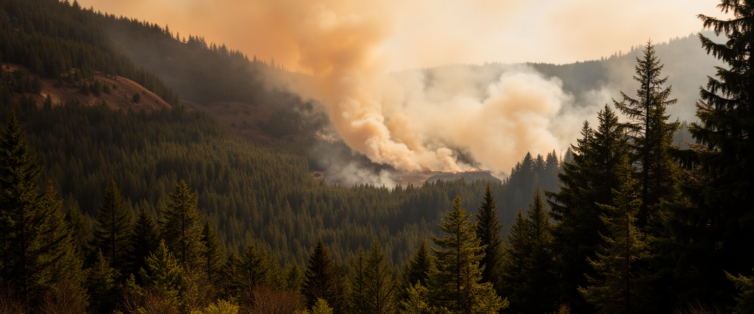 Light cutting through smoke as a wildfire burns, symbolizing the disruptive but sacred nature of awakening.