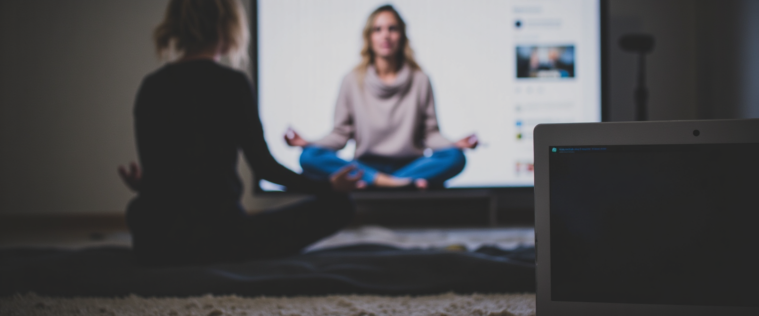 Woman meditating while phone glows in the background, showing the shift from toxic positivity to emotional authenticity.