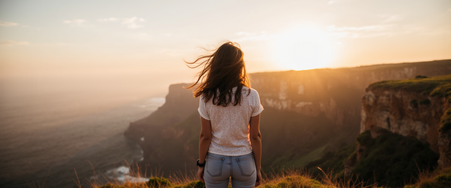 A woman standing at the cliff’s edge with the sun rising behind her, representing moral courage and spiritual resilience.