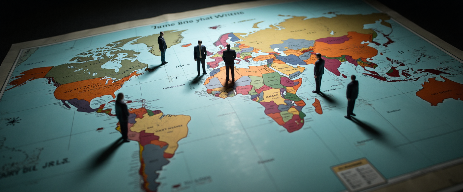 Silhouetted political figures gathered around a glowing world map, representing quiet manipulation behind global conflict