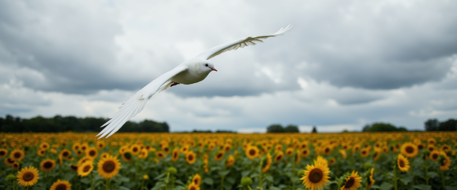 A dove flying above sunflowers under a darkening sky, symbolizing peace under threat.