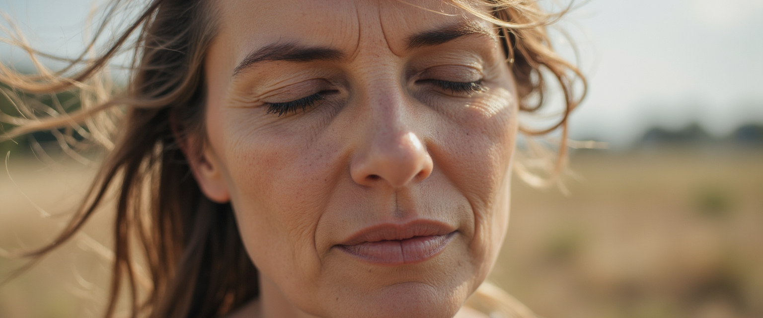 A close-up of a woman with eyes closed and wind in her hair, symbolizing inner reflection and the courage to speak truth.
