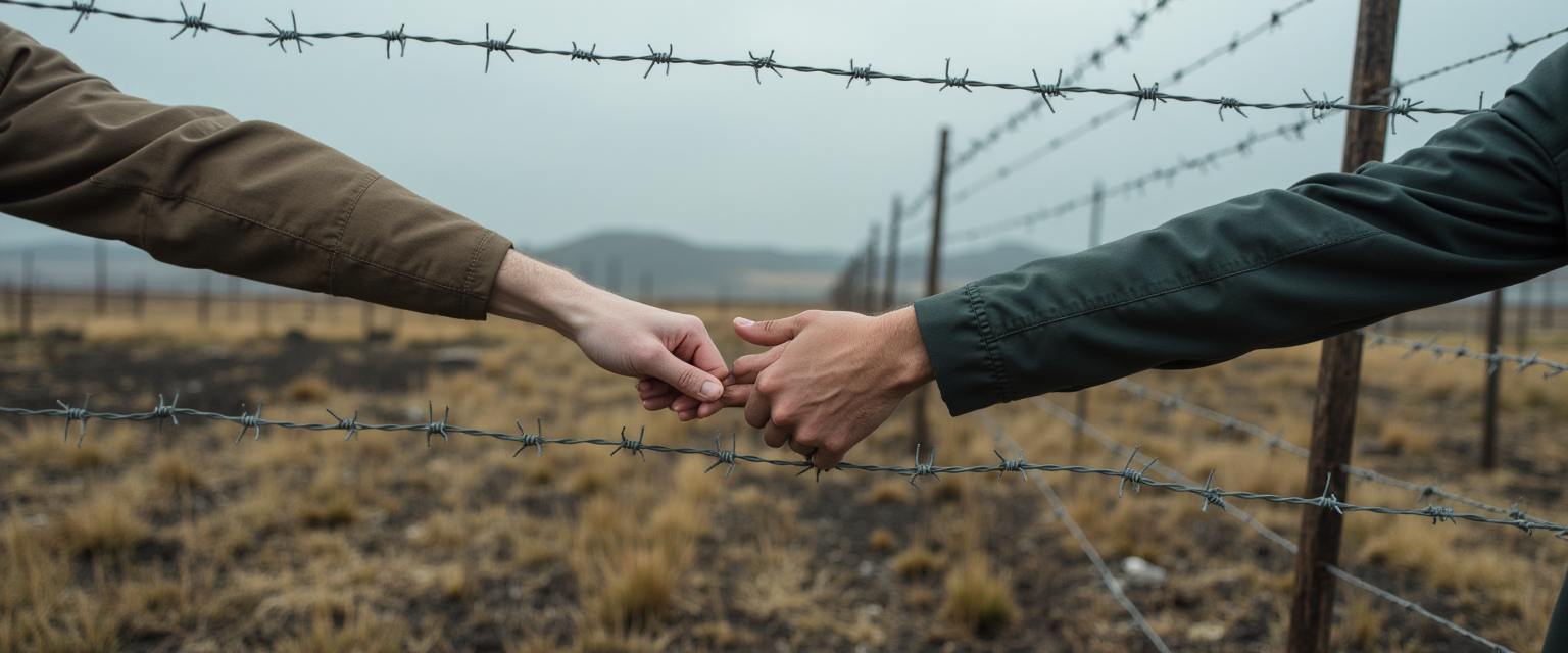 Hands reach across barbed wire, showing human connection and the cost of truth in divided times.