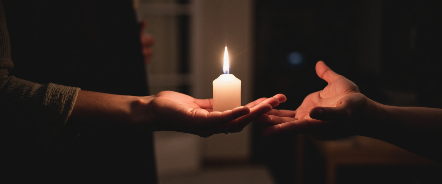 Two sets of hands sharing a single candle flame, symbolizing the passing of hope and truth from one soul to another.
