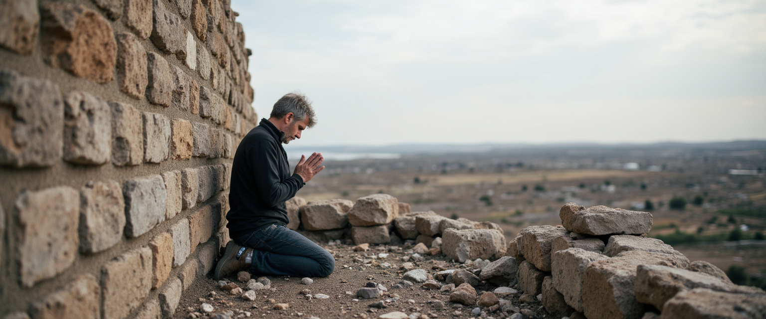 A figure in prayer before a broken wall, gazing toward a distant war zone—symbolizing spiritual resistance in times of unrest.