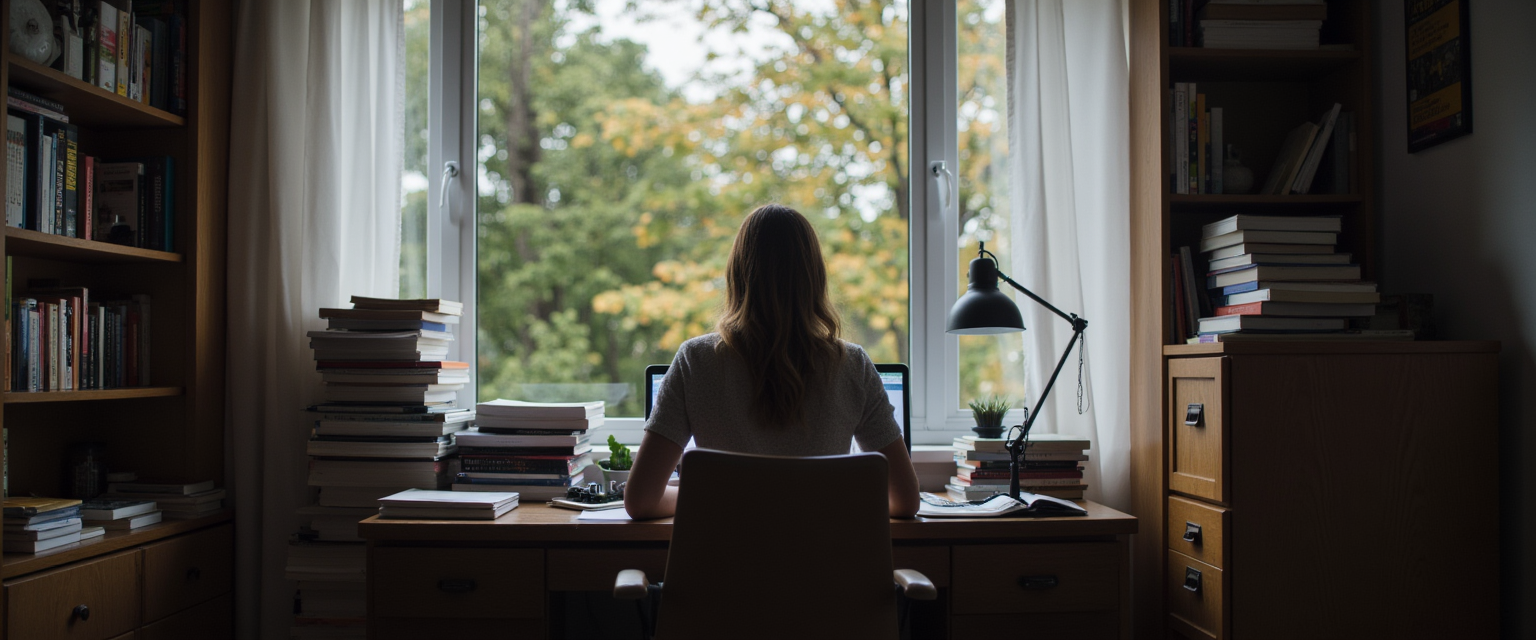 A woman caught between digital learning and natural freedom, symbolizing the tension when education feels like confinement rather than expansion.