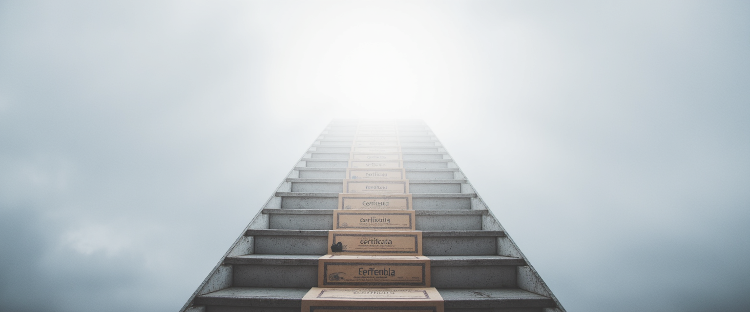A staircase of credentials leading nowhere visible—symbolizing how chasing prestige can disconnect us from purpose.
