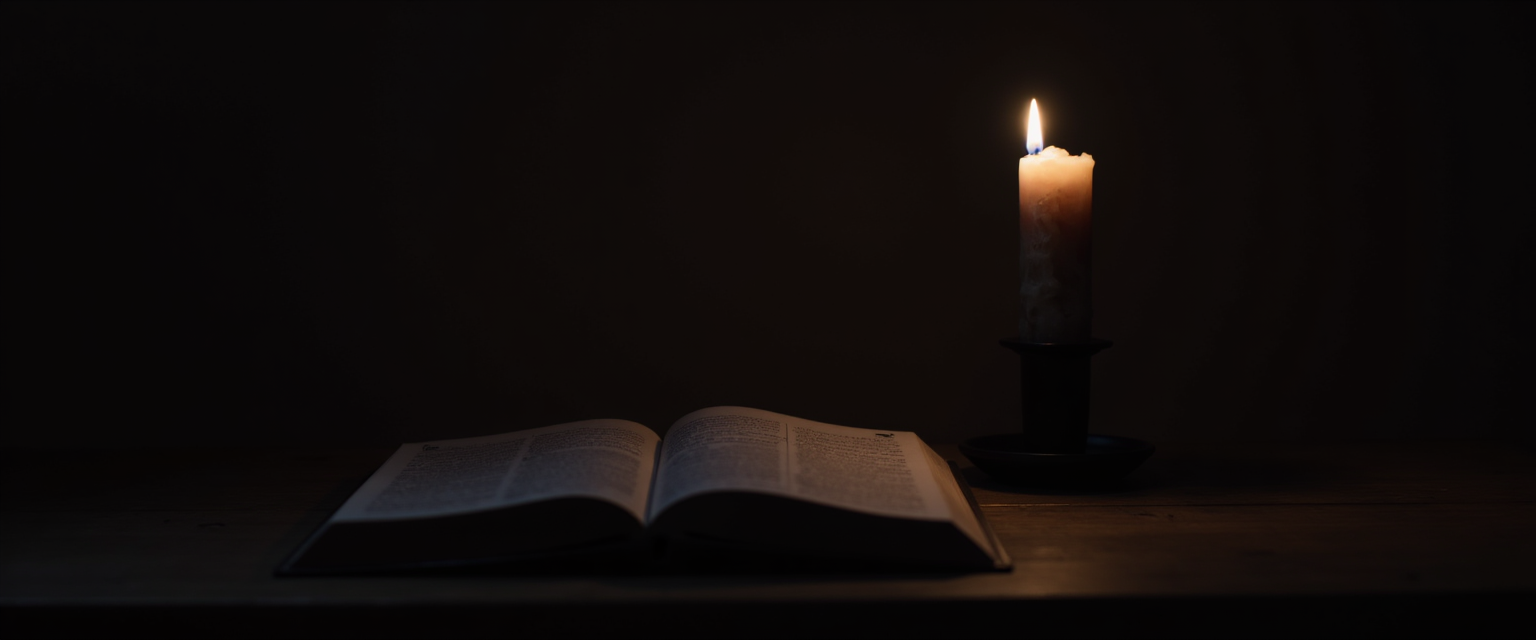 A flickering candle next to a journal, symbolizing quiet revelation in stillness.