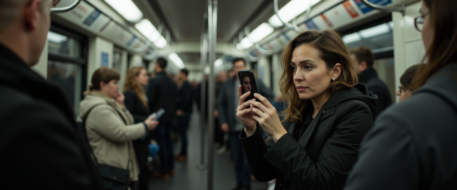 Woman on train staring into her phone, reflecting inner disconnection.
