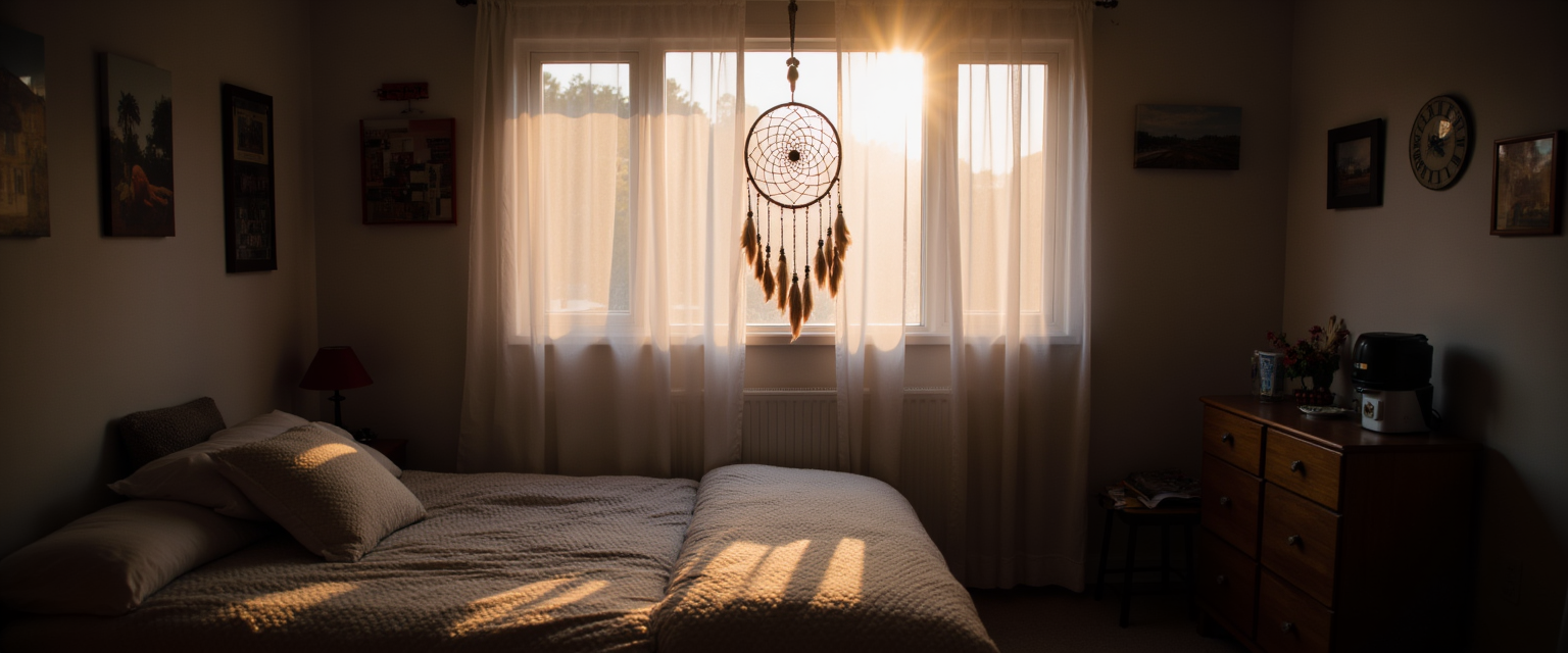 Soft light enters a quiet bedroom with a dreamcatcher near the window.