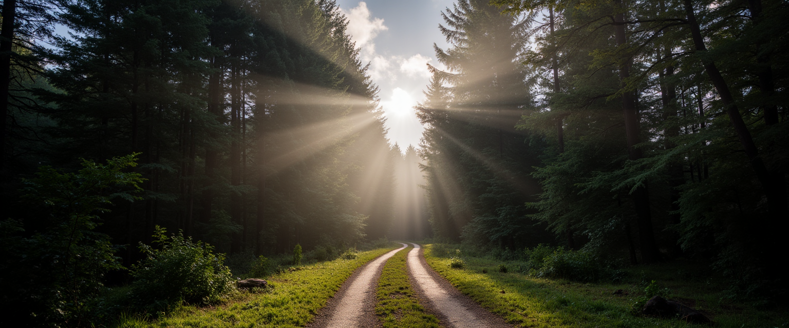 A misty forest path lit by sunlight breaking through the trees.