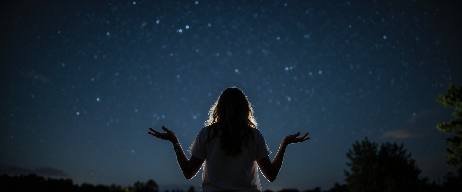 Woman gazes at the stars with open hands, welcoming divine presence.