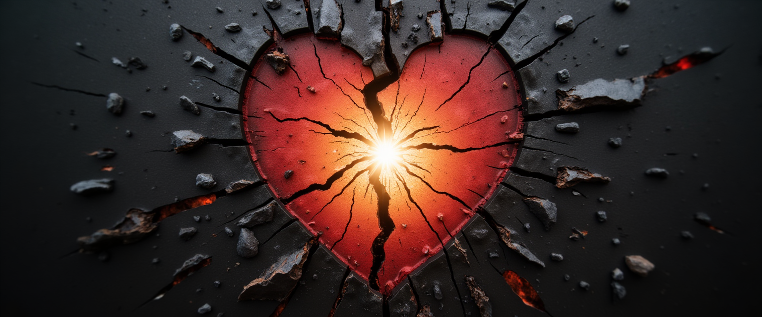 Light emerging from a cracked heart, symbolizing healing through vulnerability.