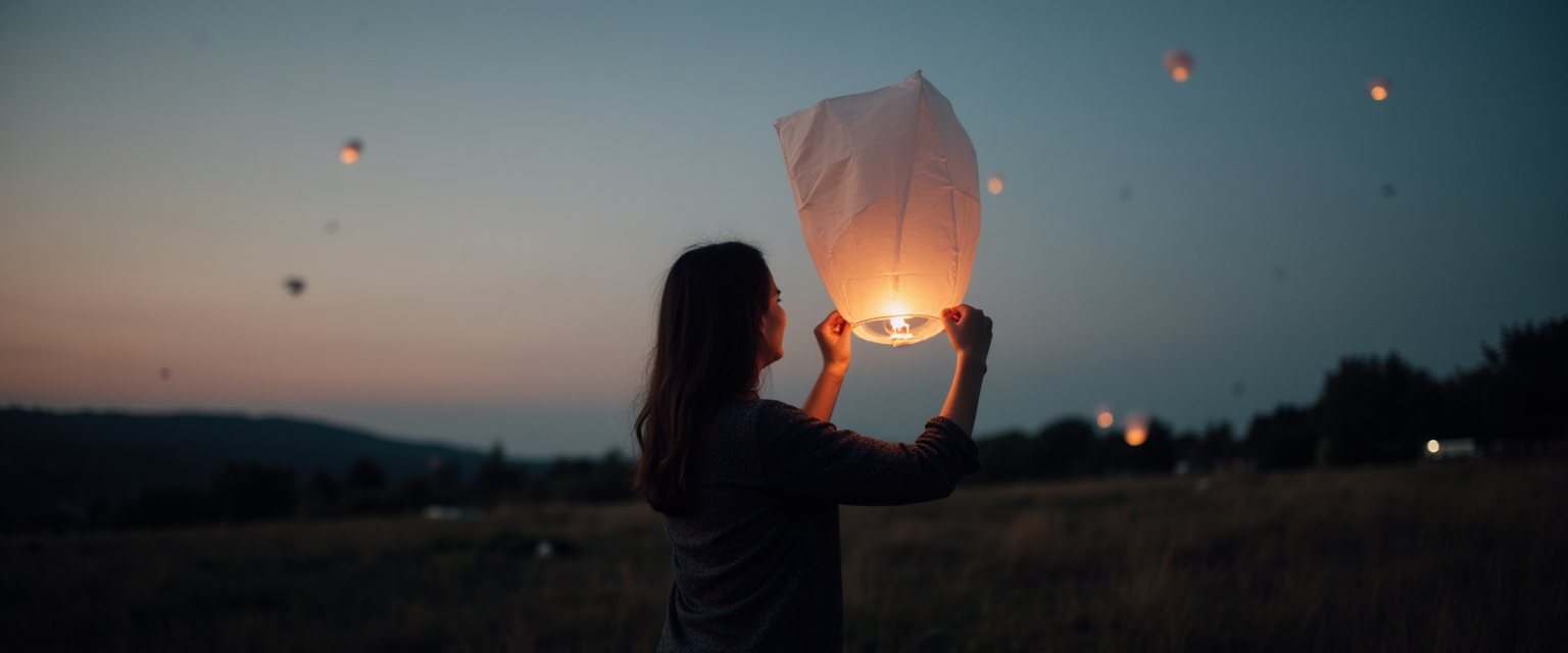 A woman releasing a paper lantern at dusk symbolizing letting go.