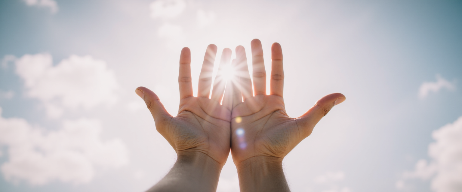 A close-up of open palms facing the sky, light filtering through fingers.