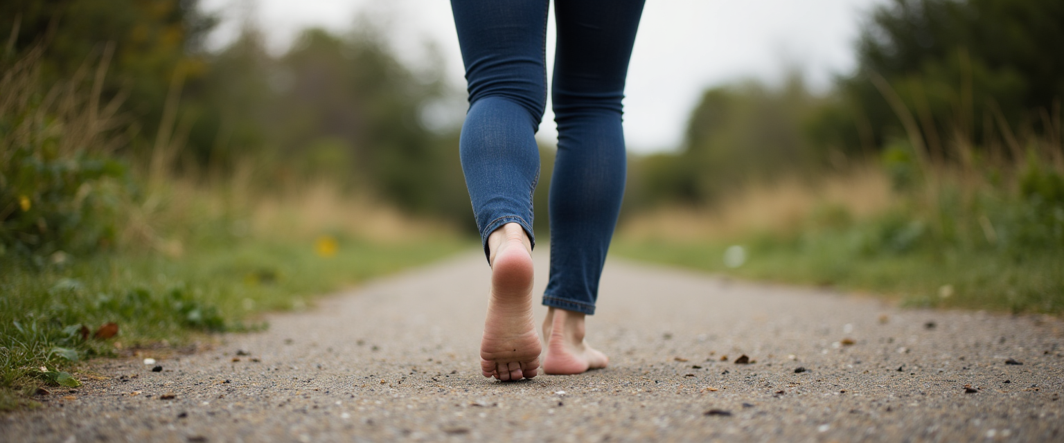 A barefoot walk along a quiet trail or path—symbol of moving forward lightly.