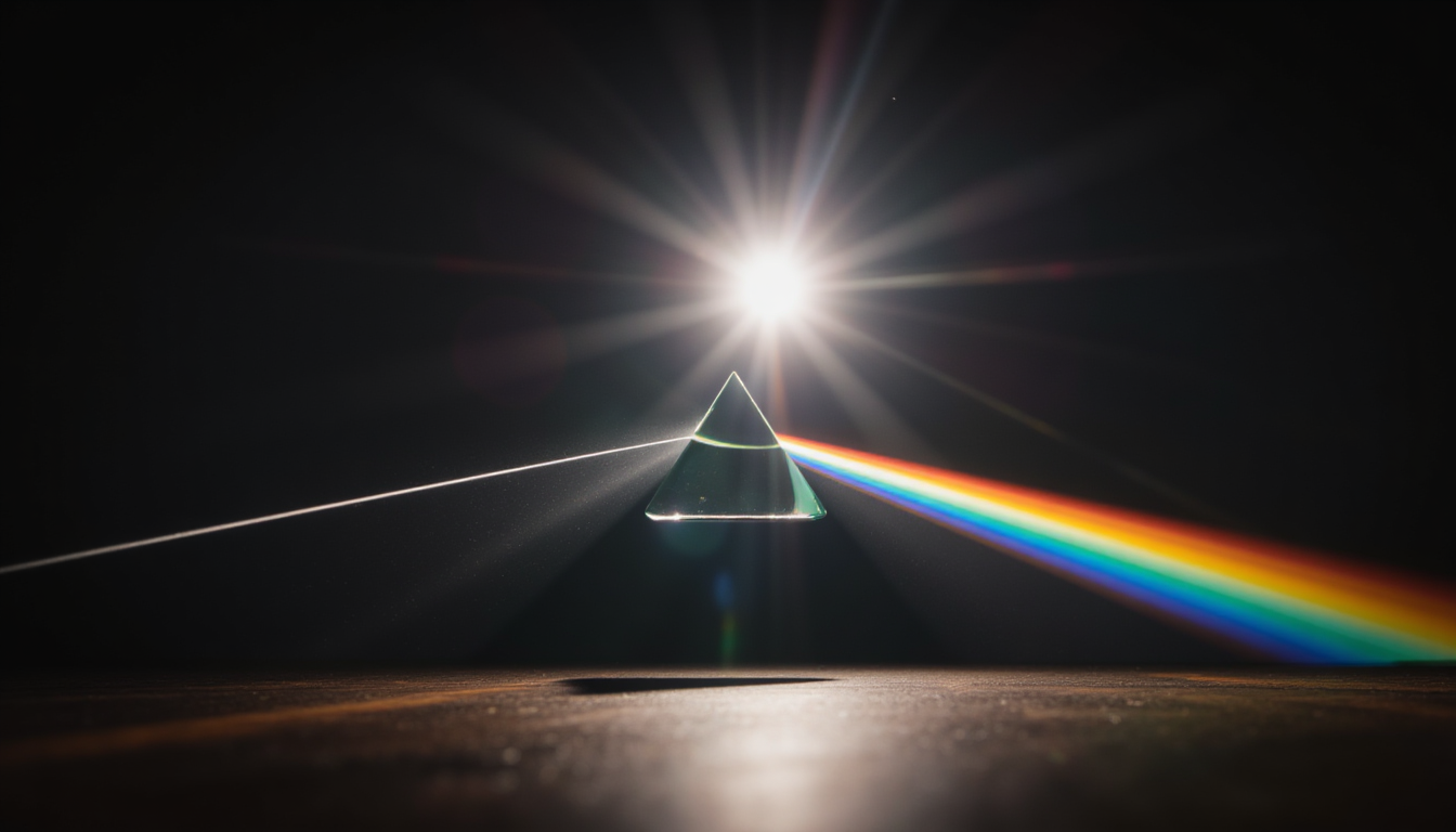 A prism splitting one beam of light into a full spectrum, symbolizing turning chaos into coherent clarity.