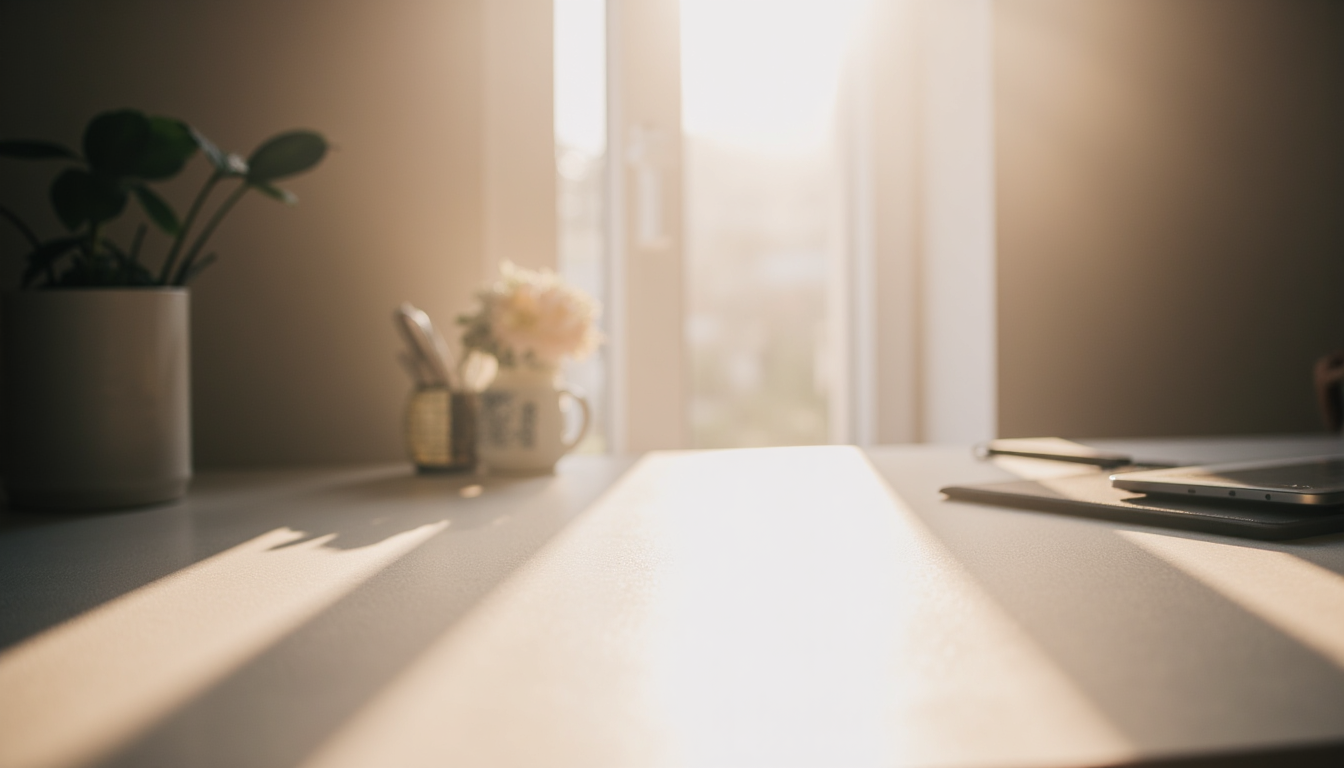 Morning sunlight over a quiet desk, representing stillness and intentional living.