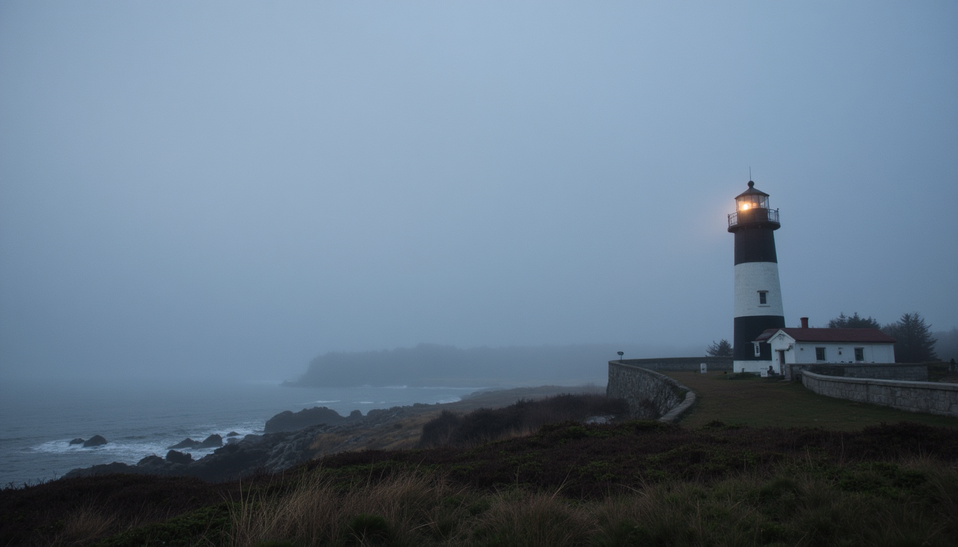 A lighthouse beam cutting through fog, symbolizing coherent inner light guiding through chaos.