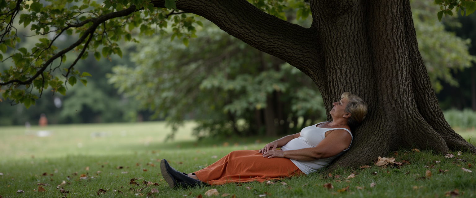 Midlife woman resting under tree, reclaiming peace.