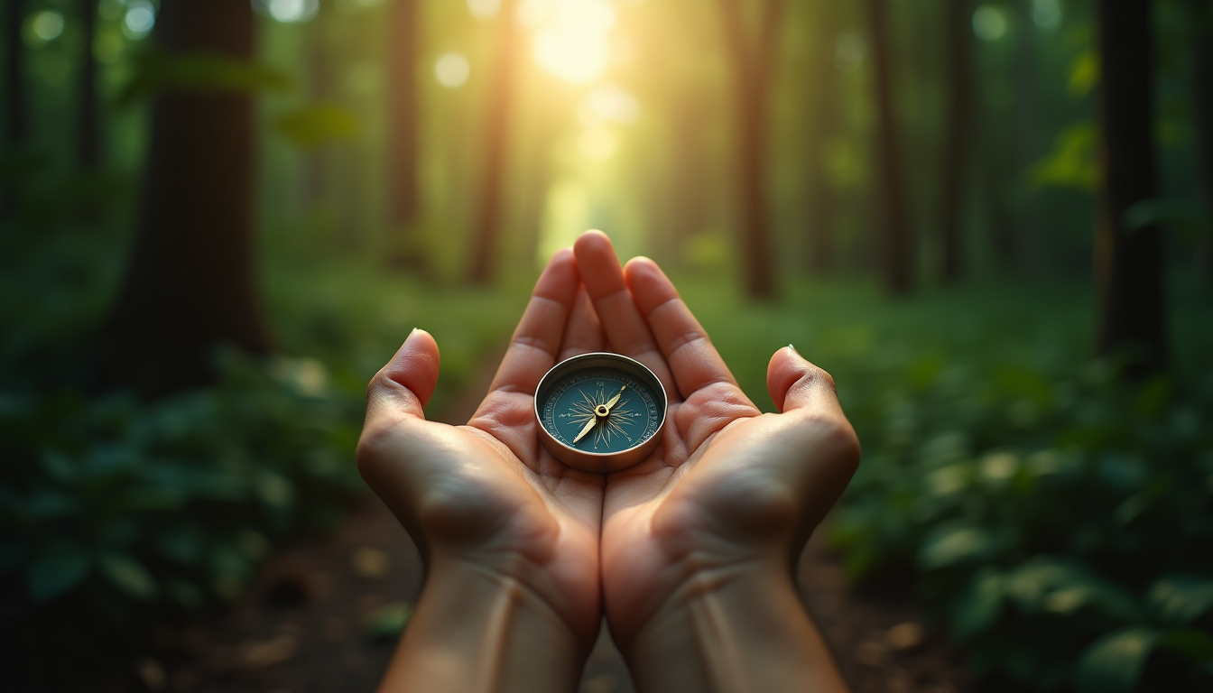 Hand holding a compass leading out of the forest toward the light. Symbolizing going back to one's inner compass.