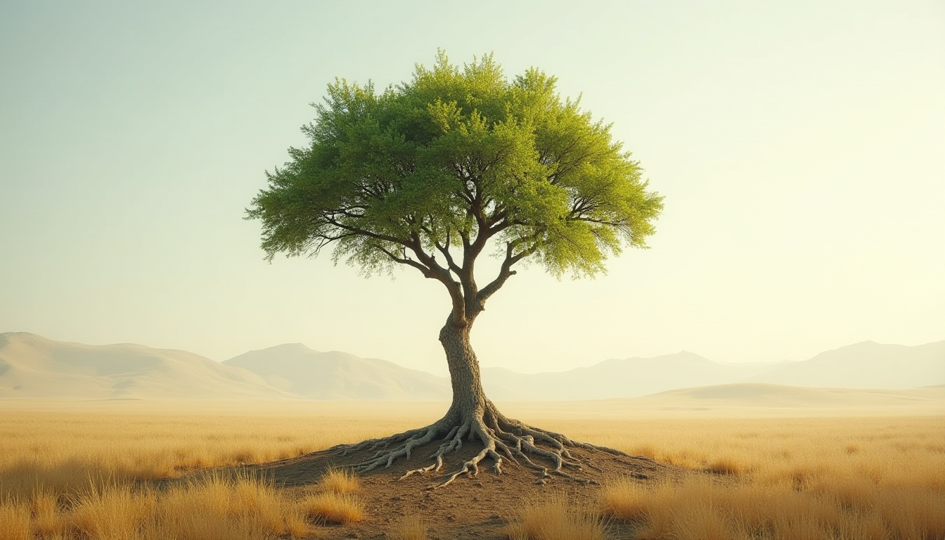 A rooted tree in an open field, symbolizing belonging with sovereignty, grounded in values yet free to grow.