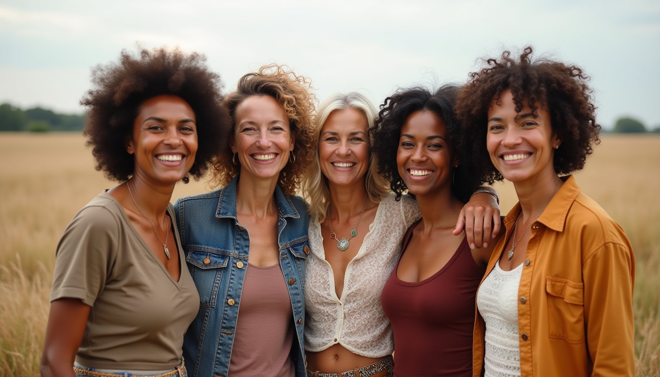 A diverse group of women standing in a circle outdoors, symbolizing authentic belonging and unity without losing individuality.