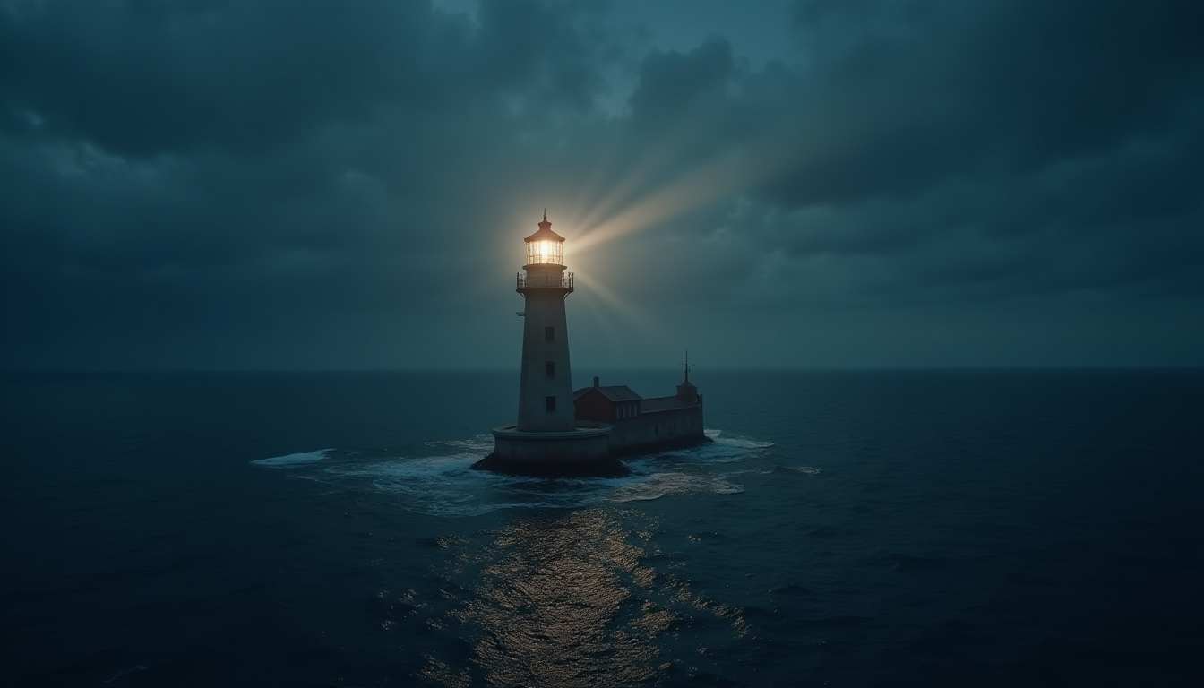A lighthouse casting light across the ocean at night, symbolizing sovereignty, guidance, and the power of staying true to one’s essence.