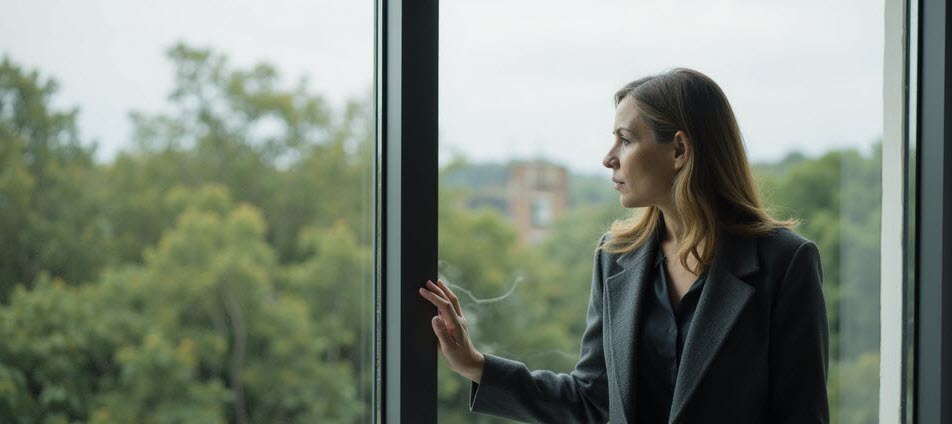 Woman in quiet reflection searching for meaning midlife.