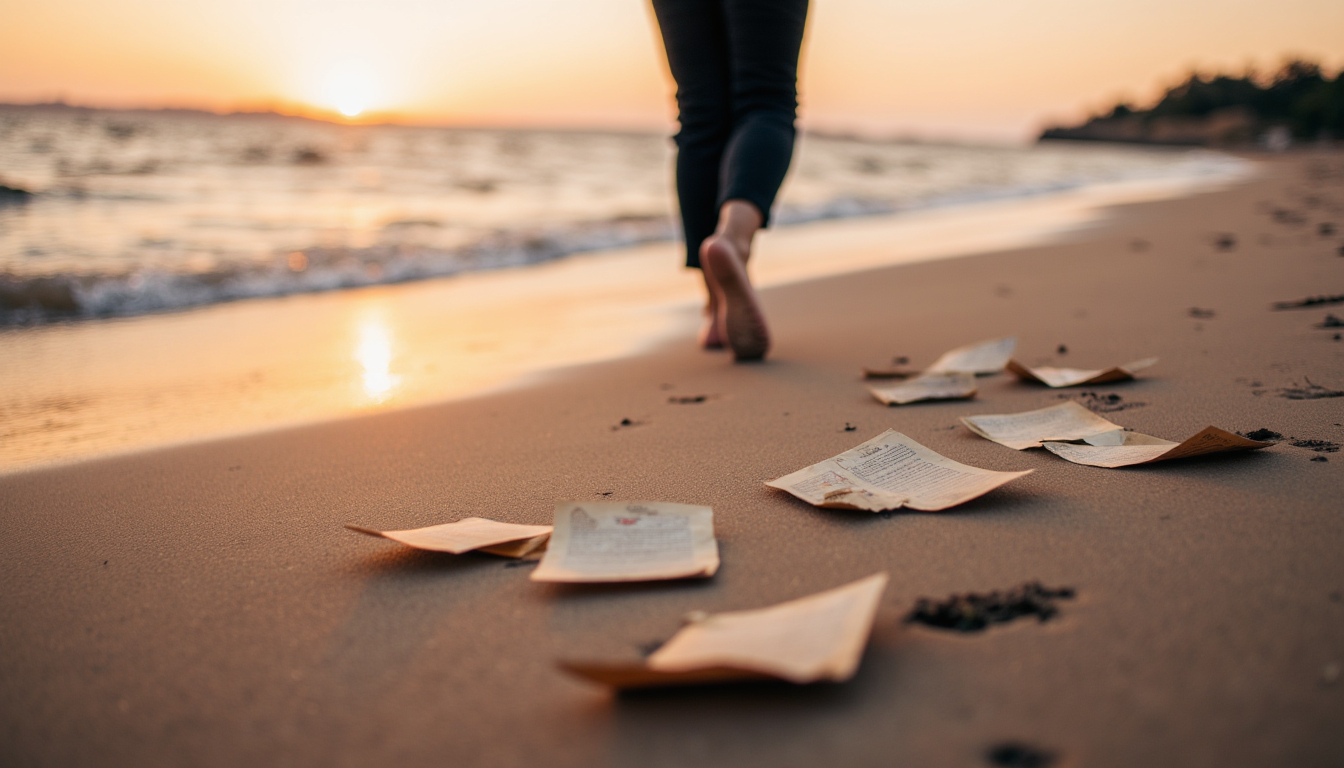 Woman walking on beach at sunset, symbolizing release of overwork for inner peace.