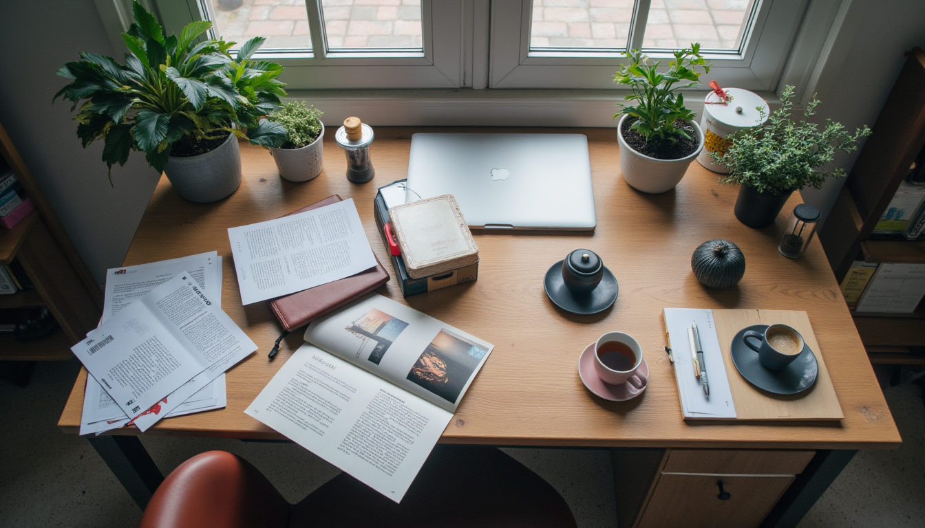 Split workspace showing contrast between burnout and calm harmony.