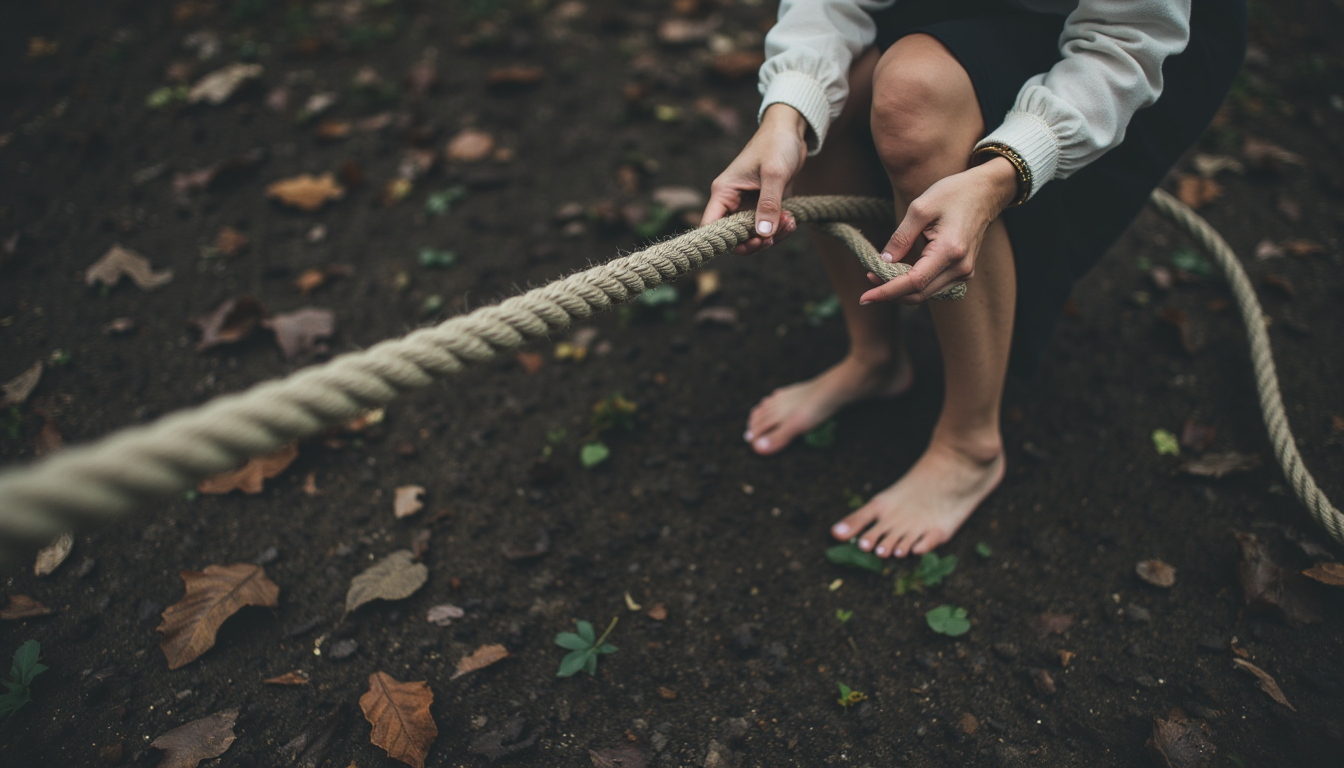 Hands letting go of rope, representing release of burnout culture.