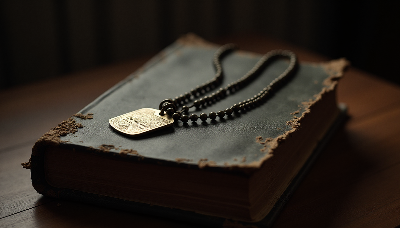 A Bible with military dog tags placed on top, symbolizing the link between faith and warfare.