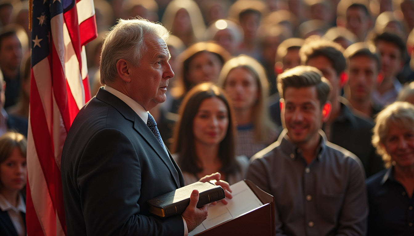 Politician holding a Bible with a flag behind him during a rally, representing the fusion of religion and politics.