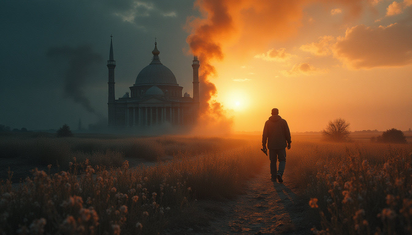 Juxtaposition of a church and a war zone, showing the contrast between faith’s purpose and political use.