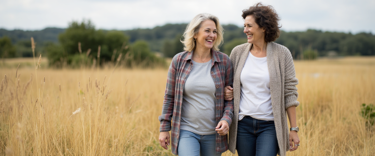 Two women walking together in a sunlit meadow at golden hour, smiling warmly, with a soft blurred background that conveys connection and belonging.