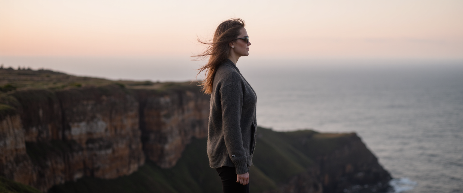 A midlife woman looking out at the horizon as ocean waves crash, symbolizing restlessness and longing for clarity.