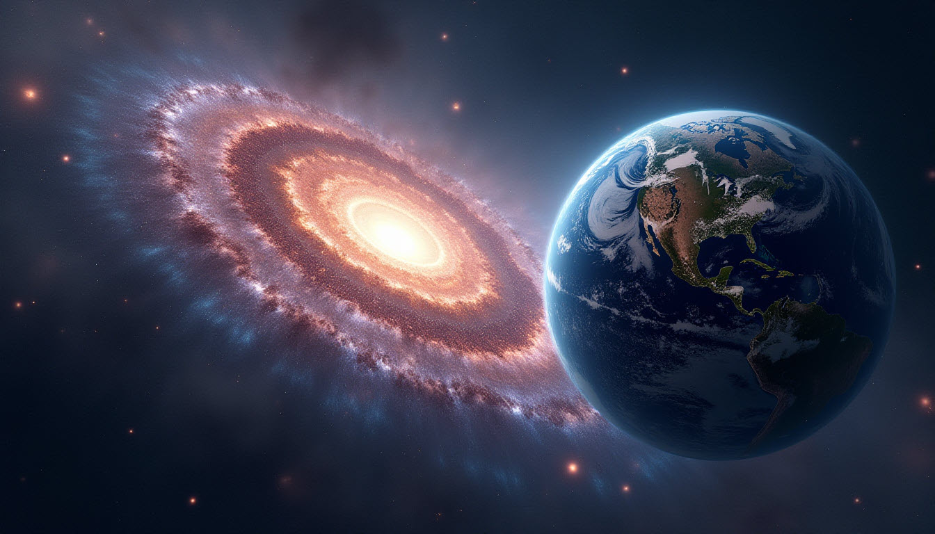 Earth aligned with a spiral galaxy, symbolizing planetary ascension.