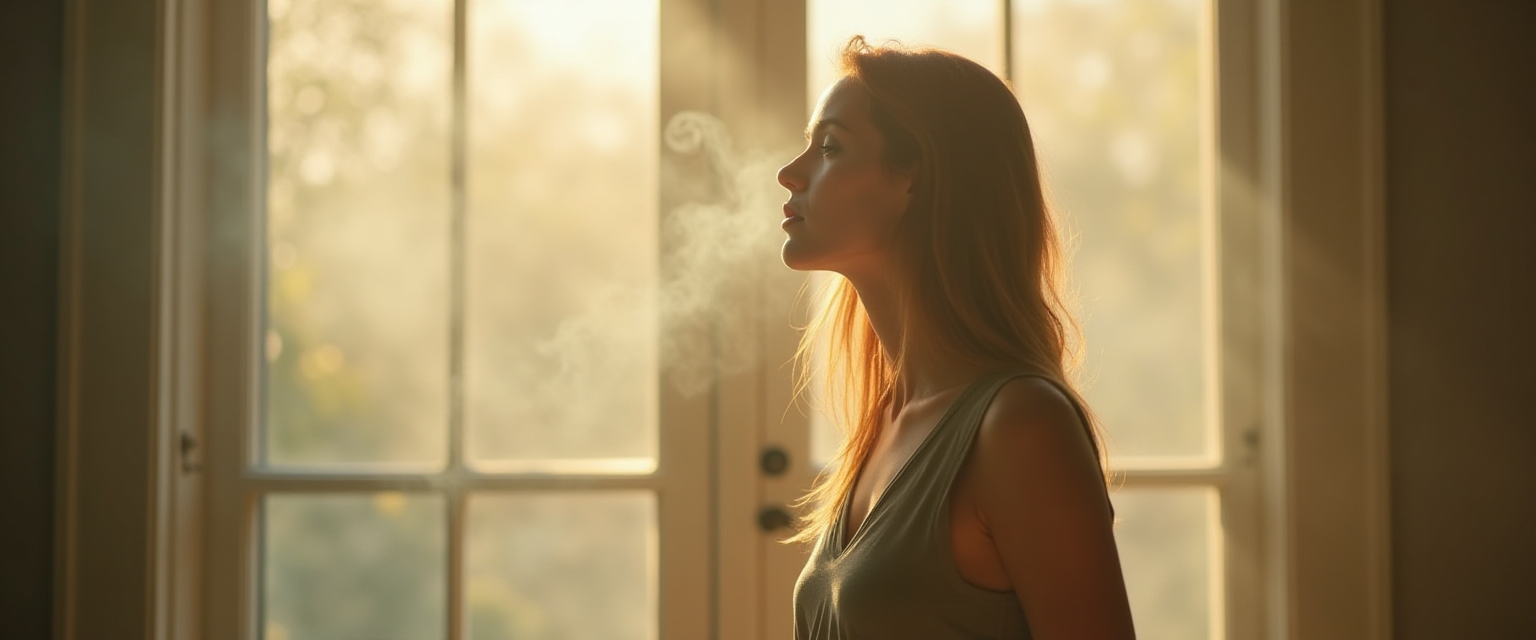 Woman performing a smudging ritual with sage, sunlight illuminating her peaceful expression.