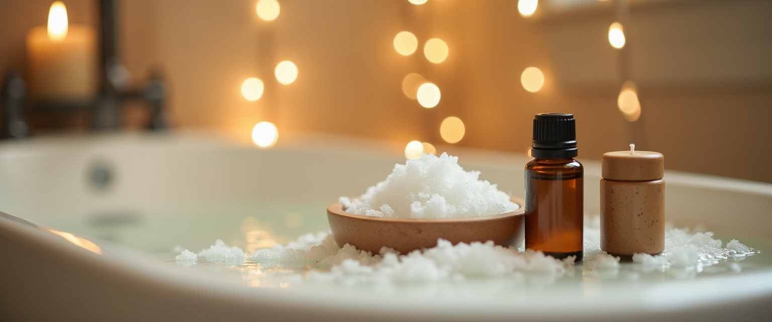 Relaxing bath setup with Epsom salts, candlelight, and essential oils for energetic cleansing.