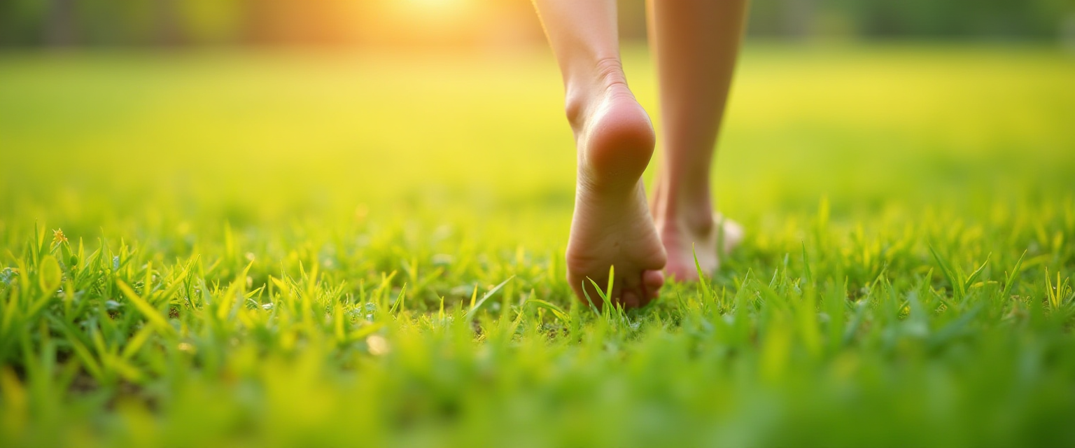 Barefoot person walking through green grass at sunrise, symbolizing grounding and energy renewal.
